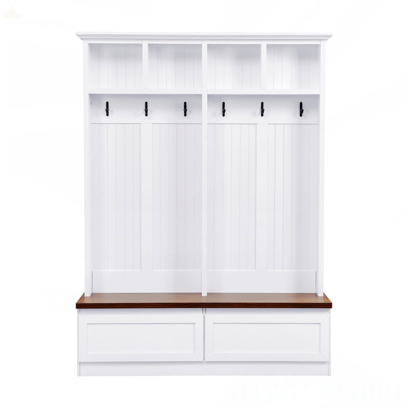 Farmhouse 4-In-1 Hall Tree With Wood Grain Bench, White