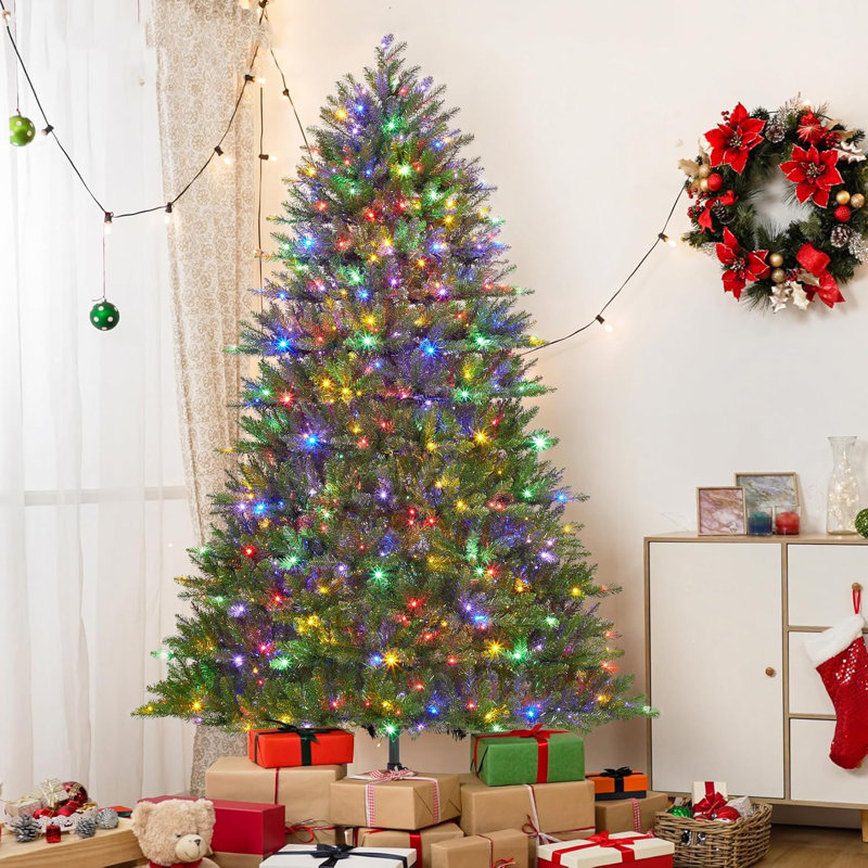 Arbre de Noël artificiel 7,5 pi avec 600 lumières DEL et 2165 pointes, interrupteur à pédale en PVC et support en métal pliable 7,5 pi