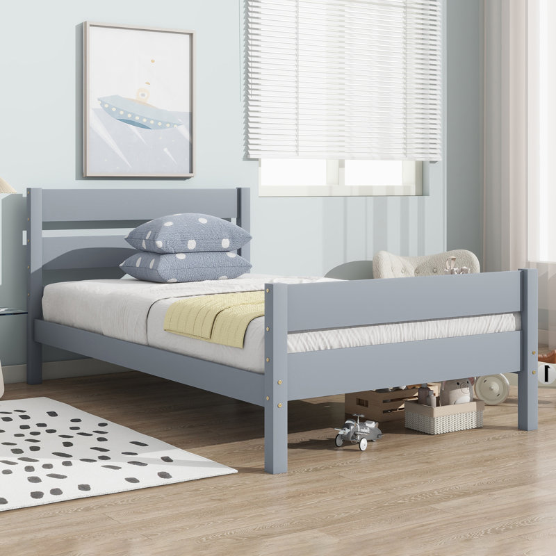 Wood Platform Standard Bed Twin Bed With Headboard And Footboard, Gray