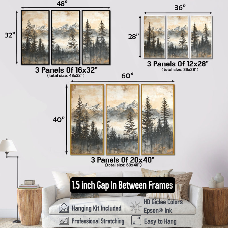 Timber and Peaks Mountain Simplicity in Winter IV - Art mural de grandes montagnes - 3 panneaux, H 28 po x l 36 po