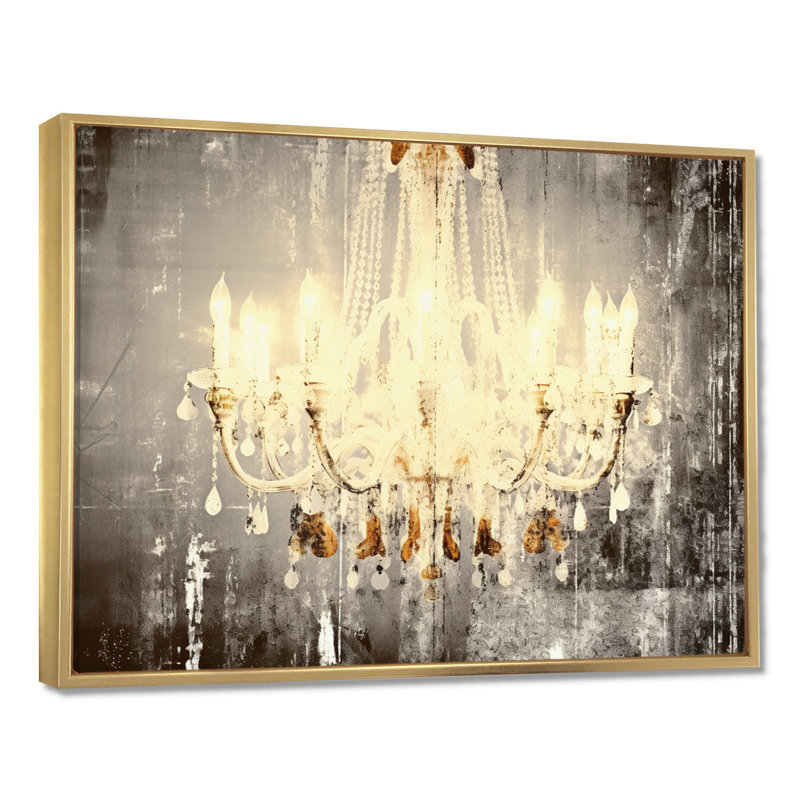 Lustre doré brillant à travers les ténèbres II - décoration murale lustre Glam, Toile avec cadre flottant or
