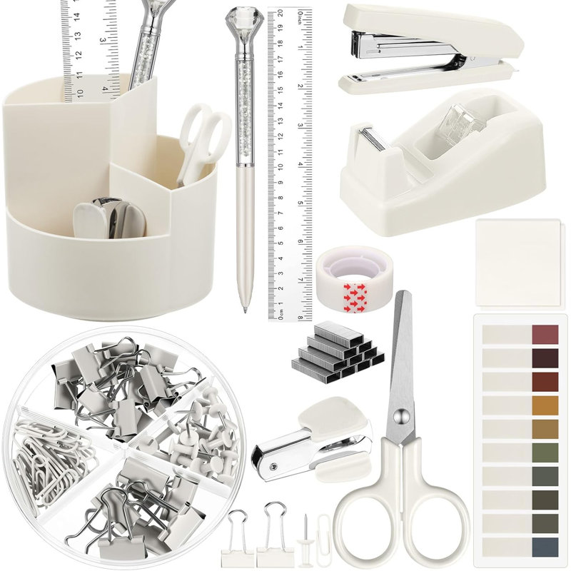 Ensemble d'accessoires de bureau, 12 pièces, porte-stylo rotatif à 360 °, agrafeuse, distributeur de ruban, ciseaux, notes autocollantes, pinces à reliure, organisateurs de bureau