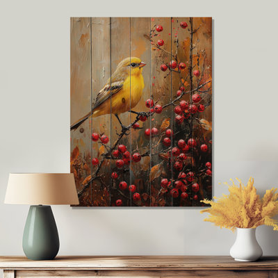 Finch oiseau parmi les baies de la forêt I - Art mural en bois oiseau - sur bois de pin naturel