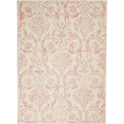 6' X 9' Beige And Pink Floral Power Loom Non Skid Area Rug