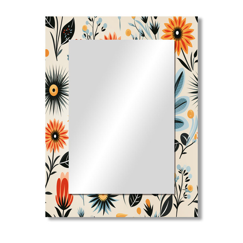 Ambrogina, flair rétro orange et bleu sarcelle, éclat floral - miroir mural floral unique, miroir floral, impression sur métal