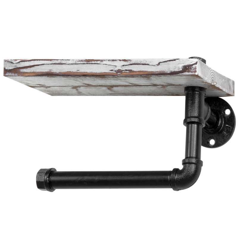 Wall-Mounted Toilet Roll Holder with Wood Storage Shelf