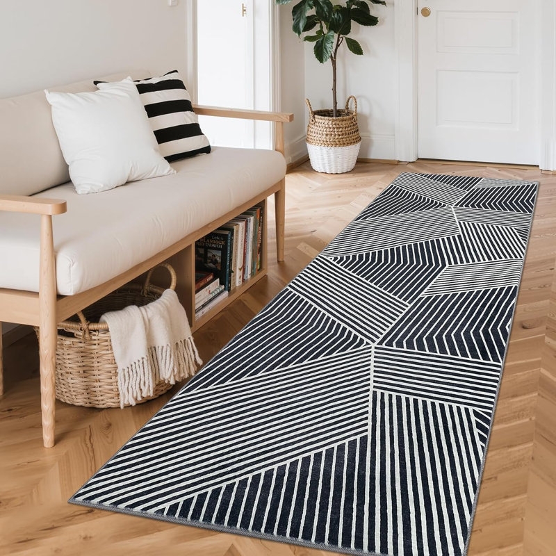 Modern Washable 2x6 Striped Hallway Runner, Non-Slip, Low Pile, Farmhouse Rug for Kitchen & Laundry - Black, Runner 2' x 6'