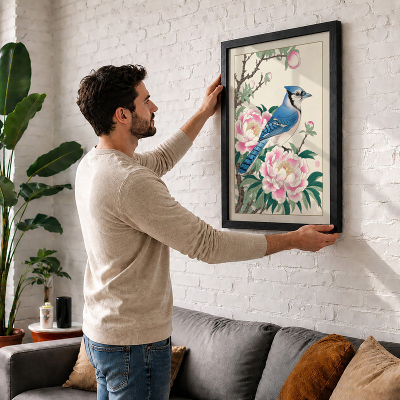 Blue Jay Among Peonies Japandi - Print, Walnut, A3 - 42.0 x 29.7 cm
