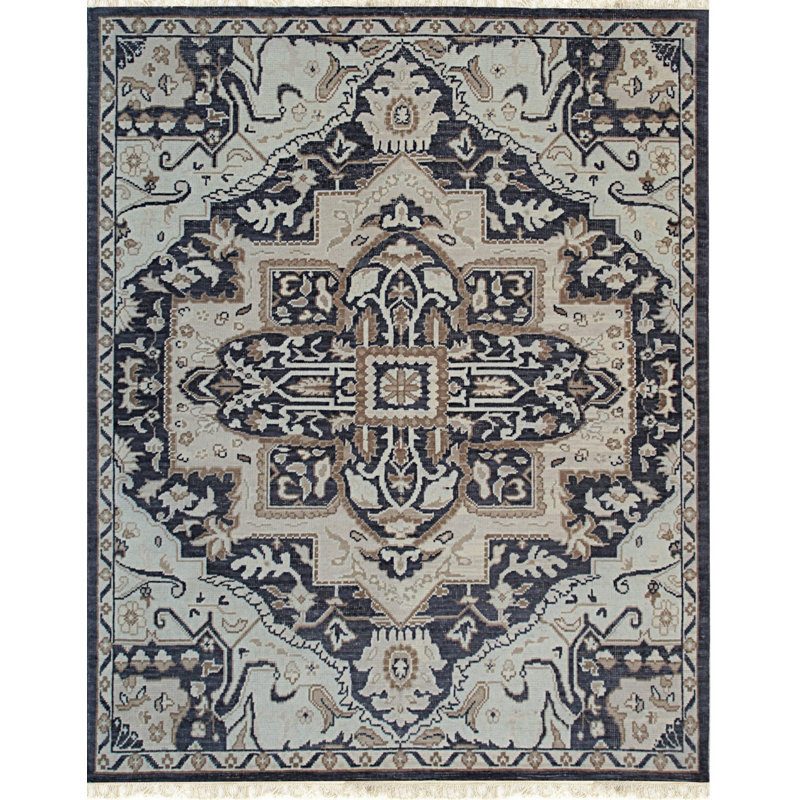 Gray Hand-Knotted Wool Framed Medallion Geometric Modern Contemporary Carpet Rug, 6' x 9'