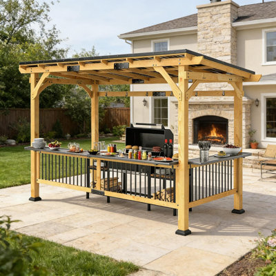 Pavillon de jardin extérieur à toit rigide, pavillon de barbecue en bois