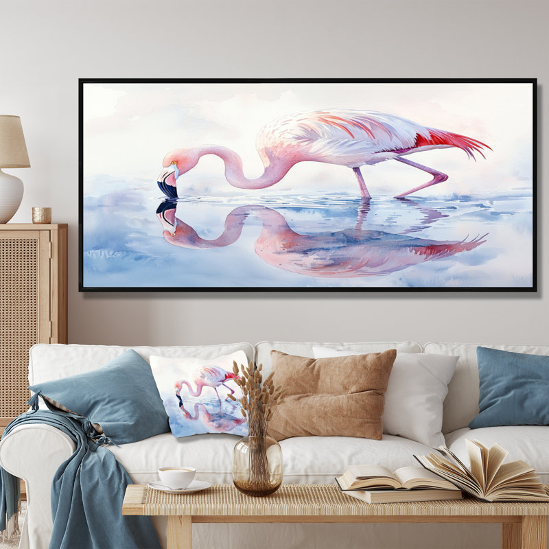 Flamingo Reflections - art mural flamant, Noir, H 28 po x l 60 po, Cadre flottant