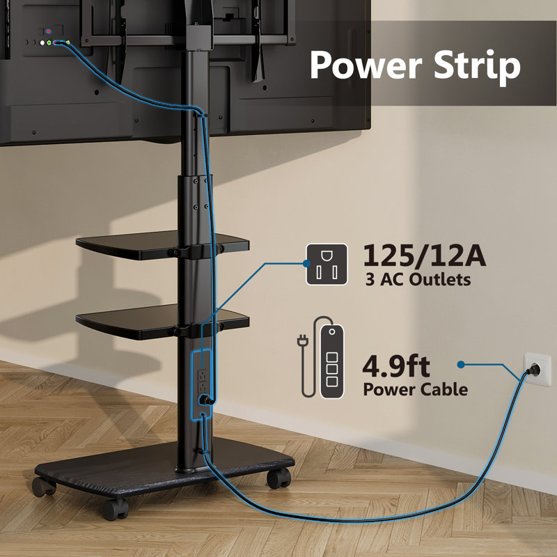 Abbing E Series Double Layer Movable Tv Stand With Socket for 32-65 inch, Black