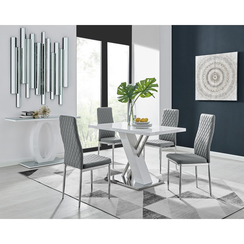 Sorro Cross Luxury High Gloss & Chrome Dining Table Set with 4 Quilted Faux Leather Chairs, Grey/Silver