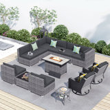 10 - Person Patio Furniture Set With Swivel Rockers, Outdoor Wicker Rattan Sectional Seating Group With Cushions, All Weather Sofa Conversation Set With Fire Pit Table For Garden Backyard 