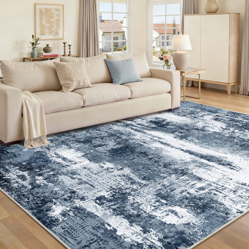 Machine-washable, foldable, soft short-pile printed rug Modern abstract oil painting design in deep blue Suitable for living rooms, bedrooms, studies, and hotels Indoor carpet