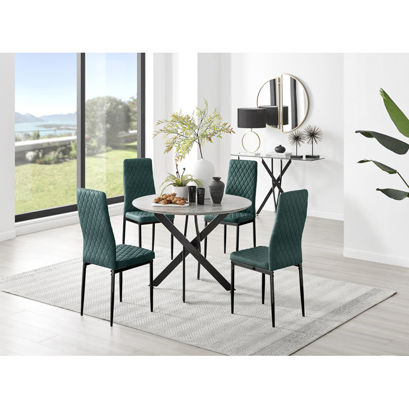 Tierra Modern Chrome Metal & Glass Round Dining Table Set with 4 Quilted Velvet Chairs, 75 x 100 x 100cm, Black, Black/Silver