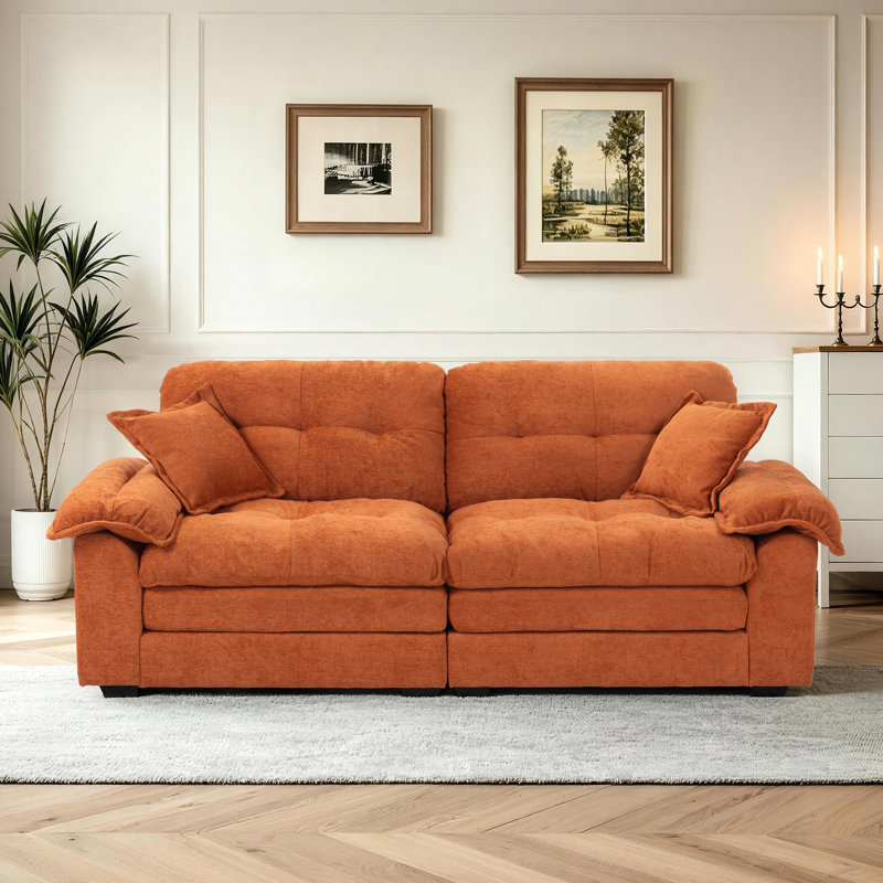 Geneveve 84" Chenille Upholstered Pillow-Top Arm Loveseat Sofa with Memory Foam Cushions and Pocketed Coil Springs, Orange