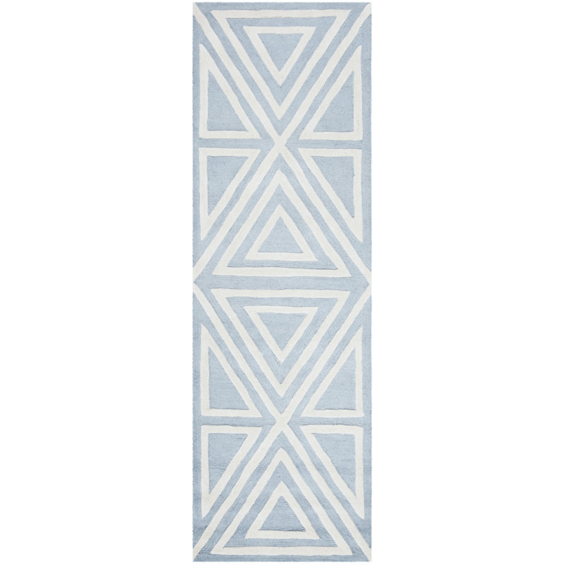 Krystyna Geometric Handmade Tufted Wool Blue/Ivory Area Rug, Runner 2'6" x 8'