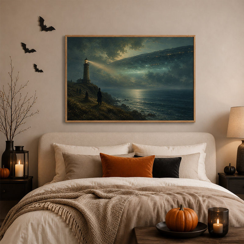 Tableau sur toile représentant un phare et un immense vaisseau spatial au-dessus d'une tempête d'Halloween, H 36 po x l 48 po