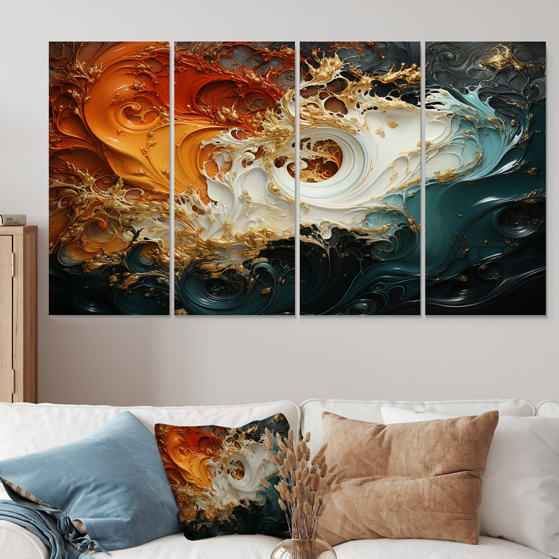 Tempête blanche I, encre bleue et orange - ensemble de 4 décorations murales, H 32 po x l 64 po