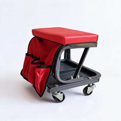 Tabouret de rangement portatif pour outils avec cadre en métal, siège d'atelier à roulettes, organisateur de sac à outils rouge, tabouret de mécanicien de garage