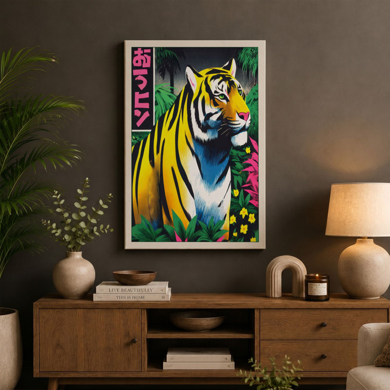 Tiger In Magenta Modern - Print, 24x16 - 61.0 x 40.6 cm, Black Border