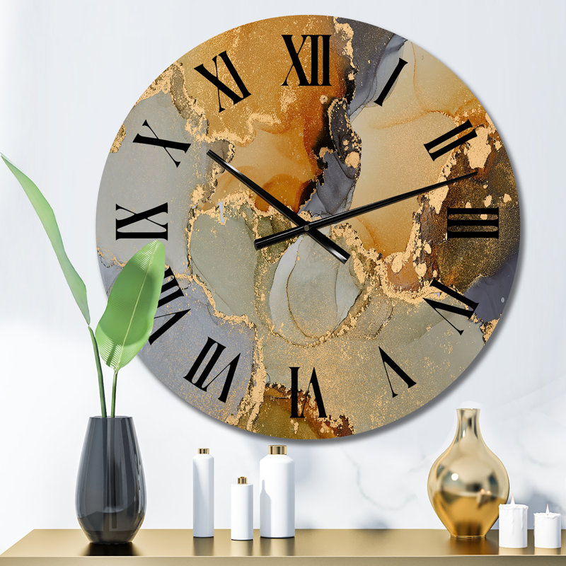Horloge murale moderne de luxe avec art abstrait I, Médium, Brun/gris/or