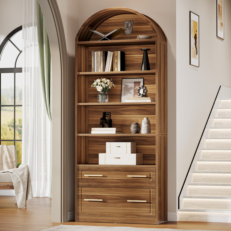 78.77'' Tall Bookcase With Drawers, Walnut Brown