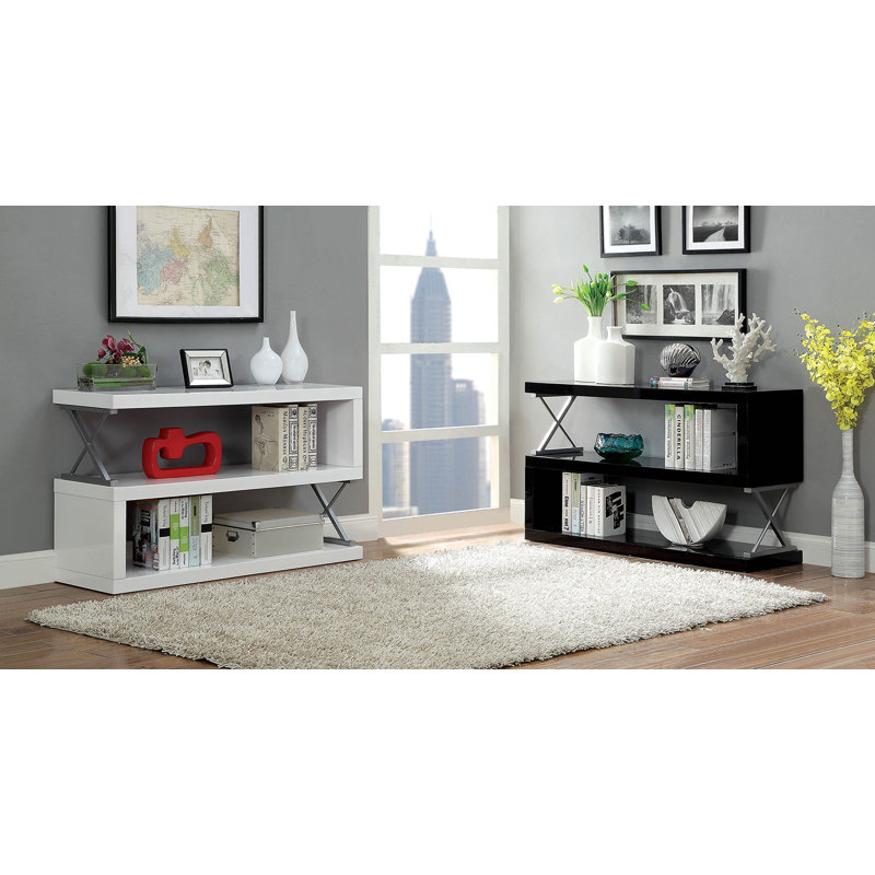 Telma Geometric Display Bookcase with Open Back, (3 Shelves) 41.38'' H x 47'' W x 15.5" D, Glossy Gray
