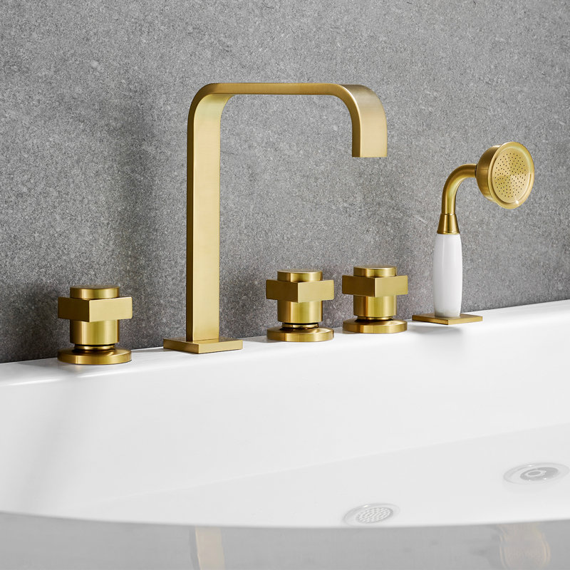 Brushed Gold Stainless Steel Triple Handle Deck-Mount Roman Tub Faucet