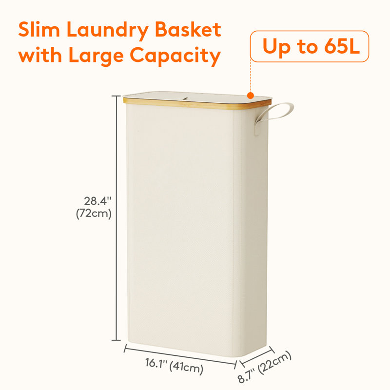 65l Slim Laundry Hamper With Lid, Narrow Laundry Basket With Removable Bag & Bamboo Handles, Fodable Thin Dirty Clothes Hamper For Laundry Collapsible Bin For Bathroom Bedroom Dorm