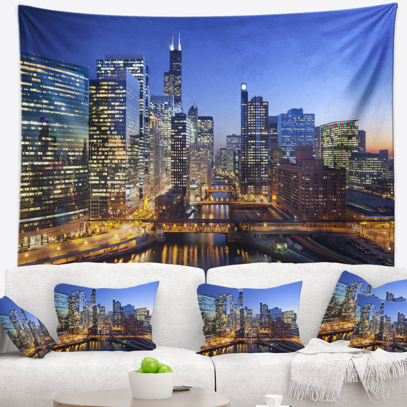 Tapisserie paysage urbain de la rivière Chicago avec des ponts au coucher du soleil, H 32 po x l 39 po