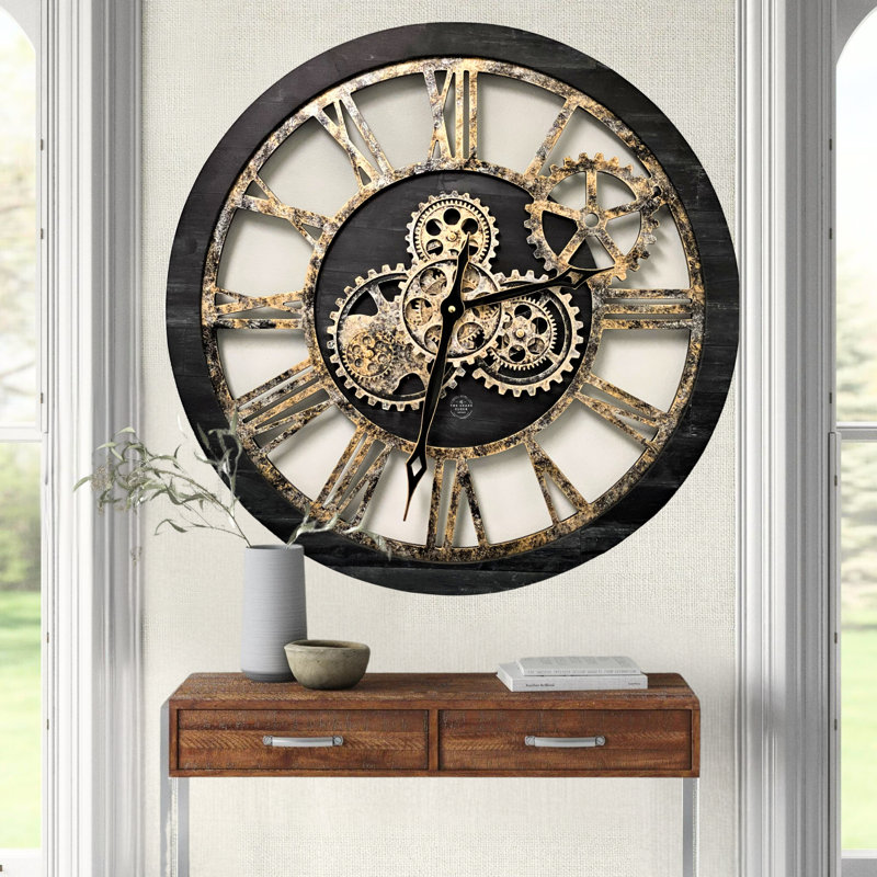 Wall Clock 24" Round Oversized for Living Room decor with Real Moving Gears America Collection, Vintage Black