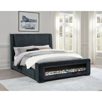 Grand lit à panneau tapissier bleu foncé avec un style à oreilles enchanteur, une boîte à flamme avec 13 dégradés de couleurs, une télécommande sans fil pour l'audio et la luminosité pour régler les couleurs modernes et distinctes.