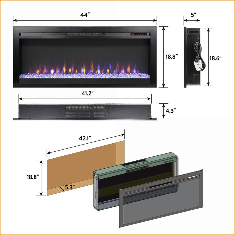 Electric Fireplaces 44 Inch Recessed in Wall with Remote, Multi-Color Flame &amp; LED Heater | Insert | Vent Free