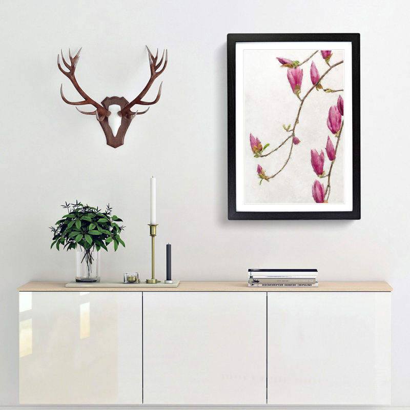 Pink Floral Flowers - Framed Print, 87cm H x 62cm W x 2cm D, Black Framed