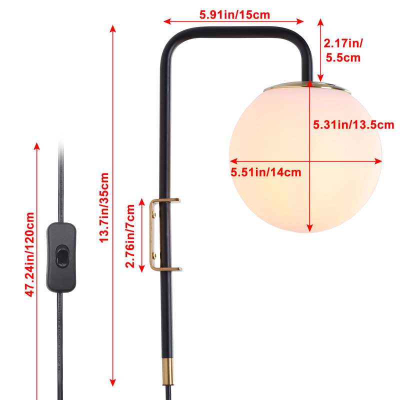 Lampe murale moderne avec globe rond noir et or avec interrupteur