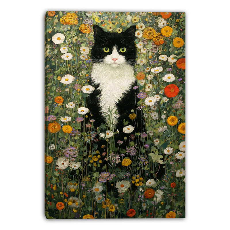 Chat dans un champ de fleurs sauvages, art mural sur toile, H 48 po x l 32 po x P 1,5 po
