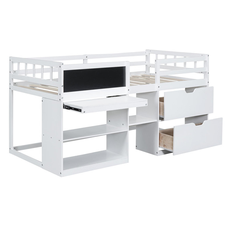 Lit mezzanine simple avec bureau à roulettes, tablette et tiroirs - blanc