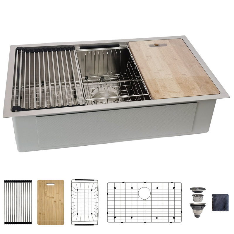 32" Undermount Workstation Kitchen Sink, 16 Gauge Stainless Steel Single Bowl Sink with Accessories