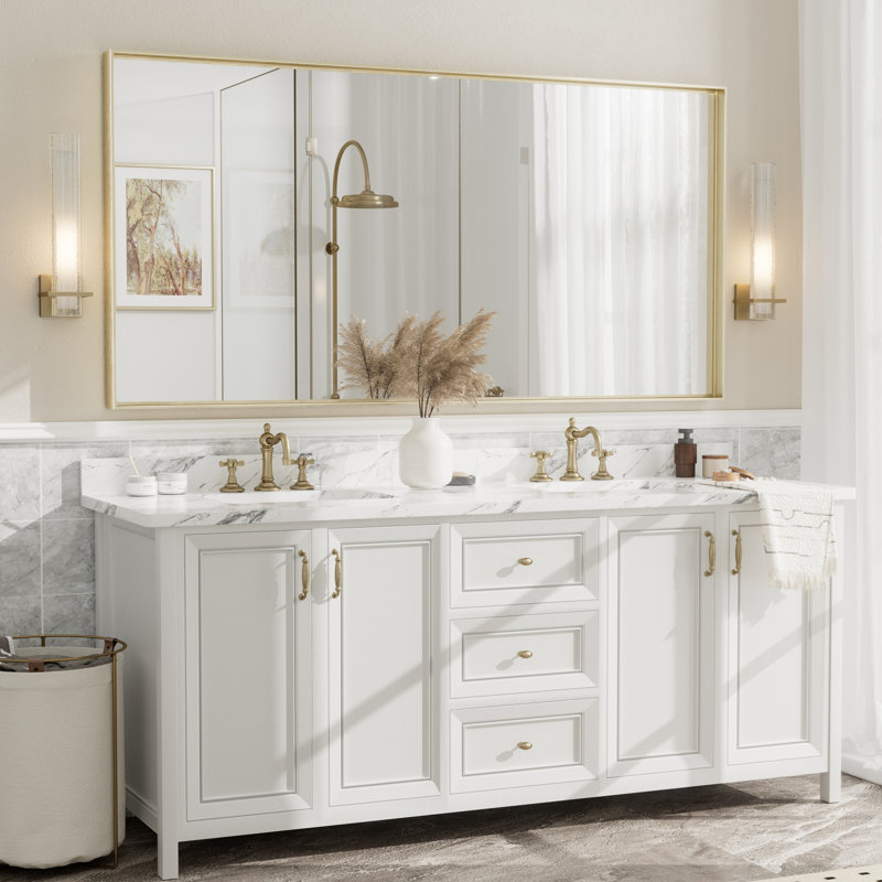 Aevar Tempered Glass and Aluminum Alloy Framed French Cleat Mounted Wall Mirror with 5-Year Warranty, 72" x 36", Brushed Gold