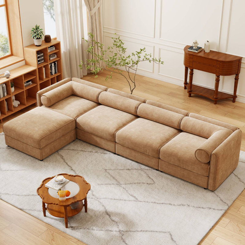 Ensemble modulaire rembourré 5 pièces avec repose-pieds avec rangement 5 pièces, Chenille chameau