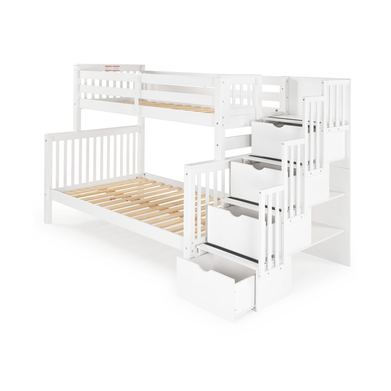 Tena Solid Wood Standard Stairway Bunk Beds Twin over Full, 4 Drawers in the Steps, White, White, Twin over Full