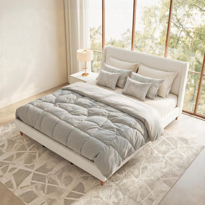 Modern Boucle Upholstered Platform Bed with Wingback Headboard and Walnut Wooden Legs, No Box Spring Needed, King Size
