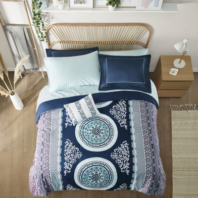 Collection de literie pour lit simple - édredon médaillon bleu marine, drap, coussin décoratif, édredon doux et tendance avec motif de draps, microfibre, taies d'oreiller,