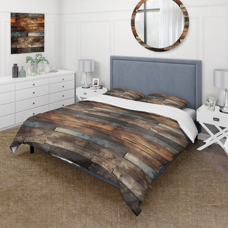 Ensemble de housse de couette Rustic County Planked Wood I, Housse de couette pour grand lit et 2 taies décor