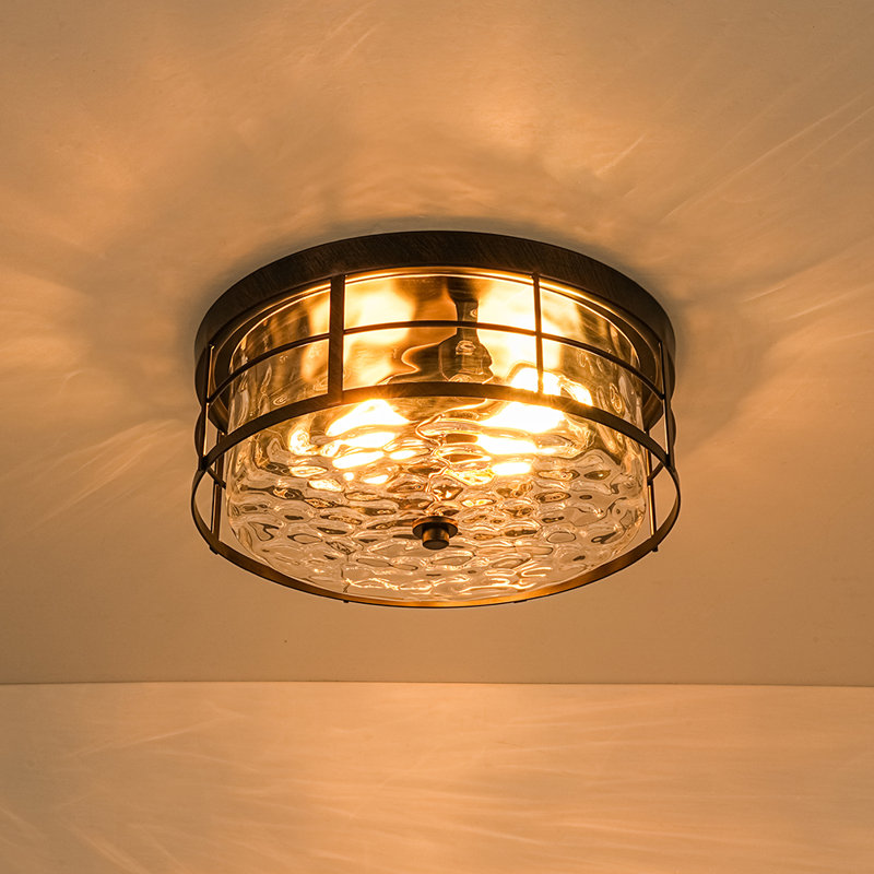 2 - Light Farmhouse Hammered Water Glass Drum Flush Mount