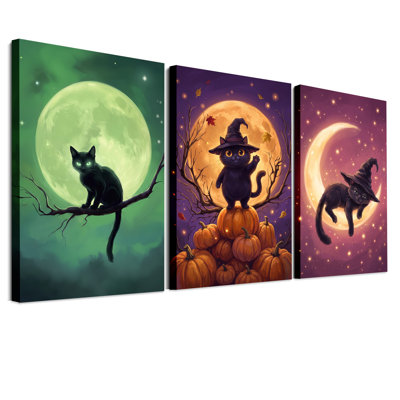 Ensemble de 3 toiles murales représentant des chats noirs près de la lune et de l'Halloween