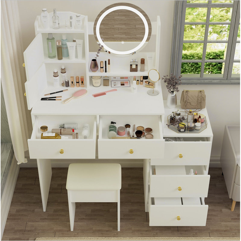 (48 cm) (noyer) Bureau de coiffeuse 3 en 1 avec miroir Plip