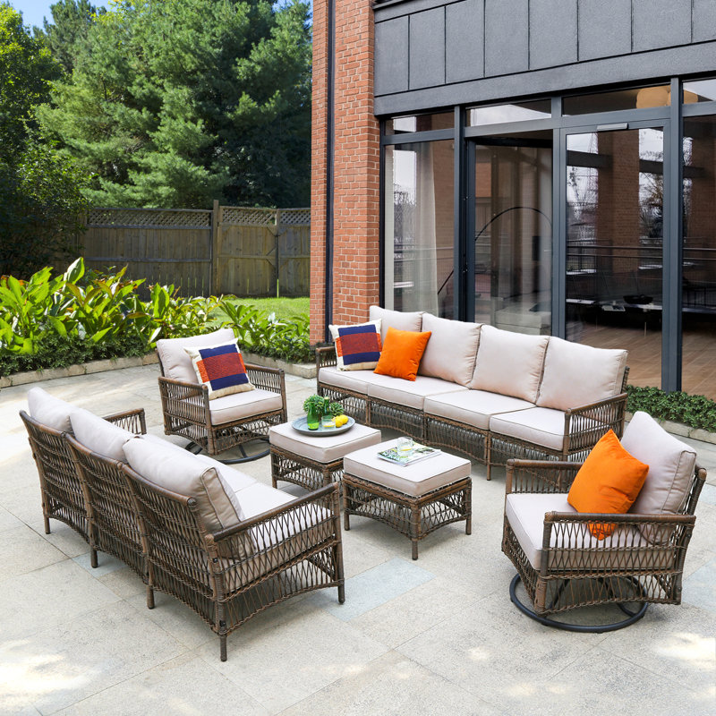 Johnny 11 - Person Outdoor Wicker Patio Conversation Furniture Set with Swivel Lounge Chairs, No